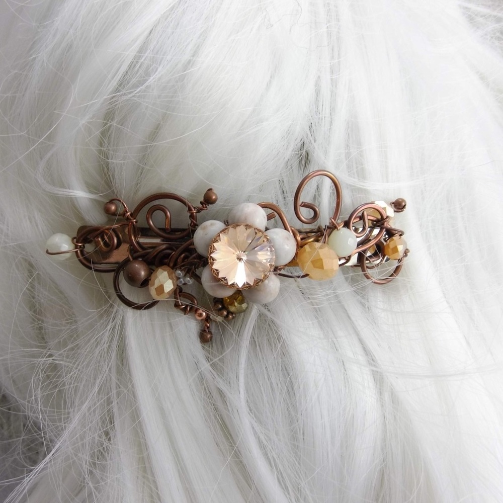 Copper wire barrette with peach flower